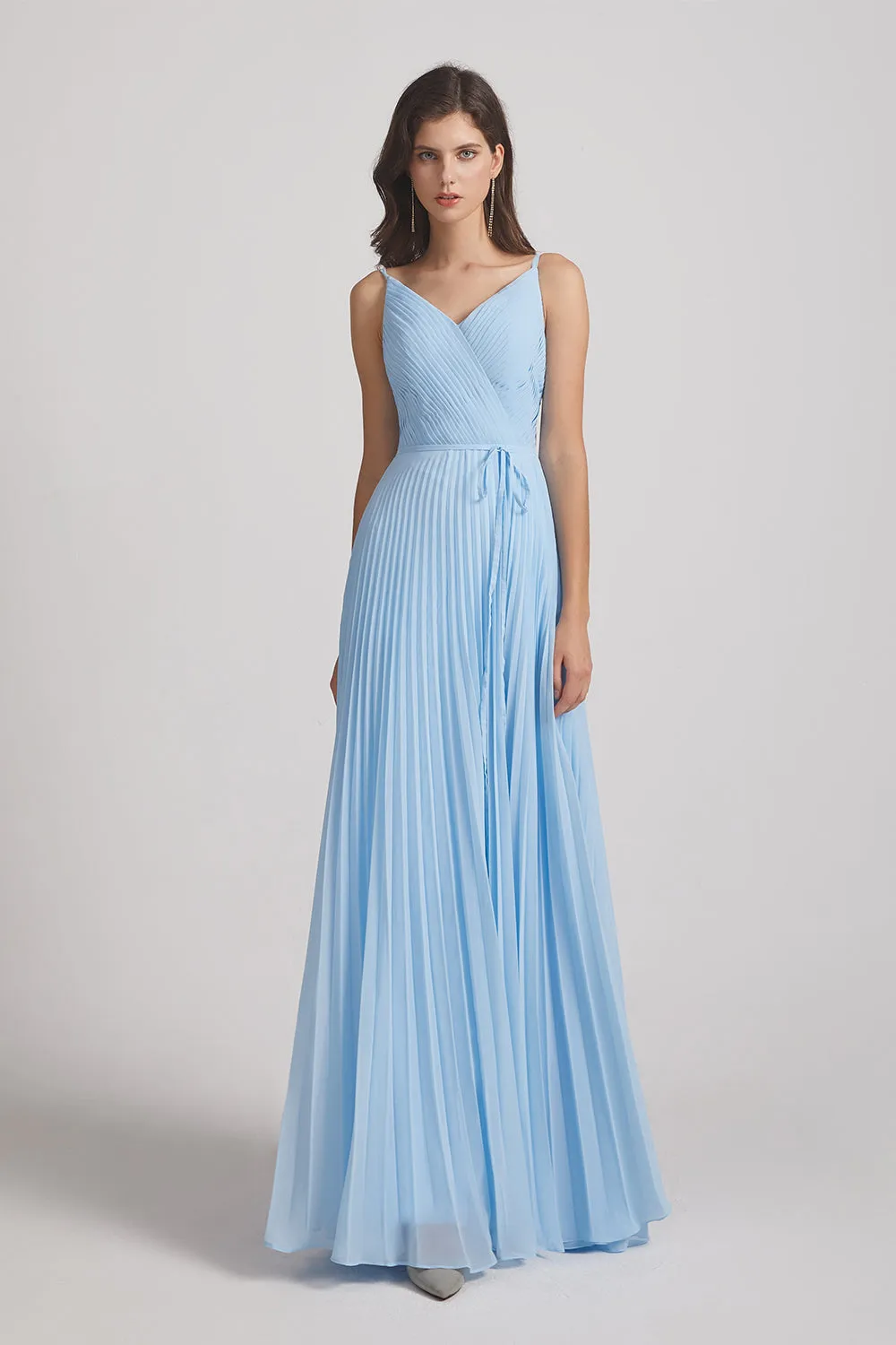 Spaghetti Straps V-Neck Pleated Blue Chiffon Bridesmaid Dresses (AF0053)