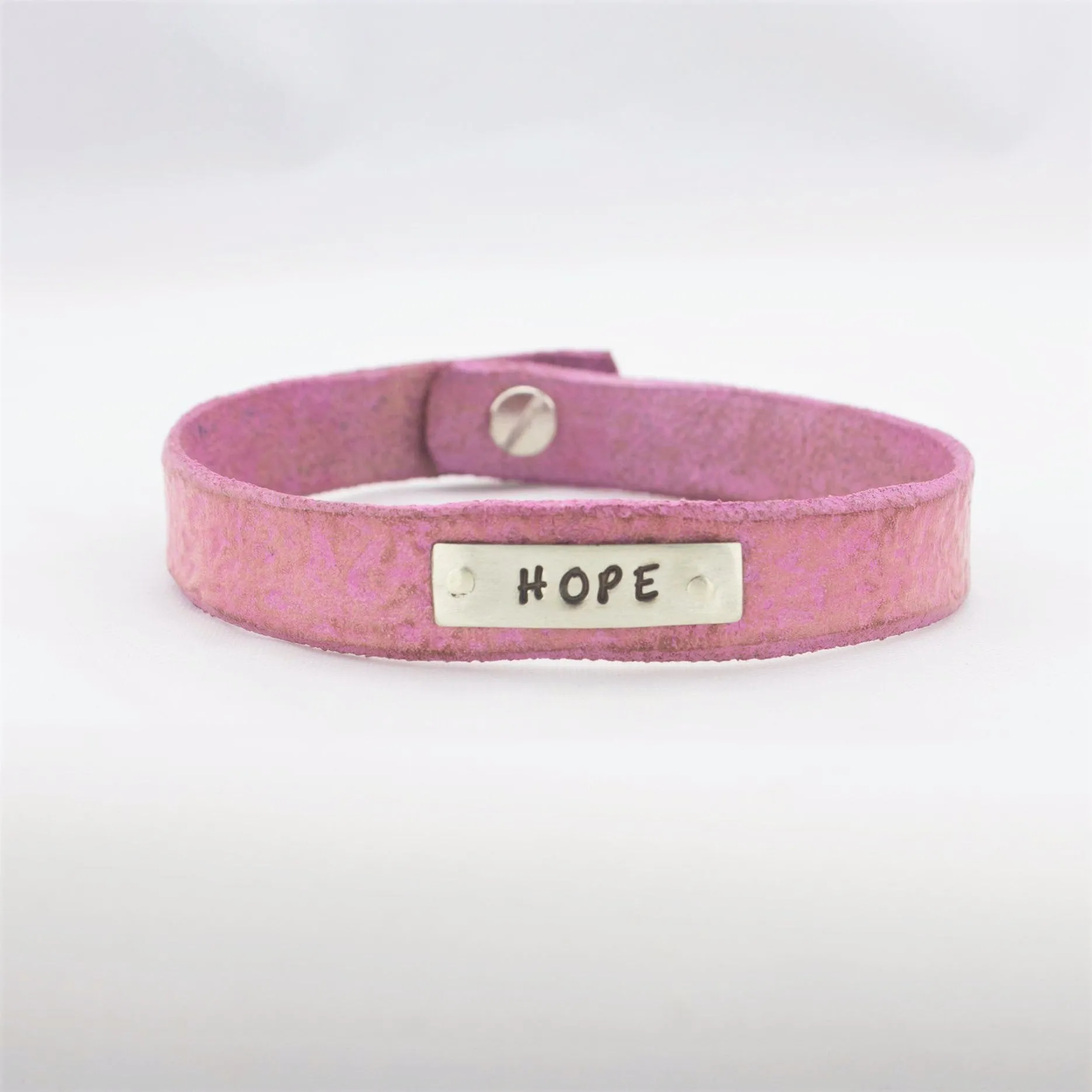 Sterling Silver Message of HOPE Distressed Pink Leather Bangle