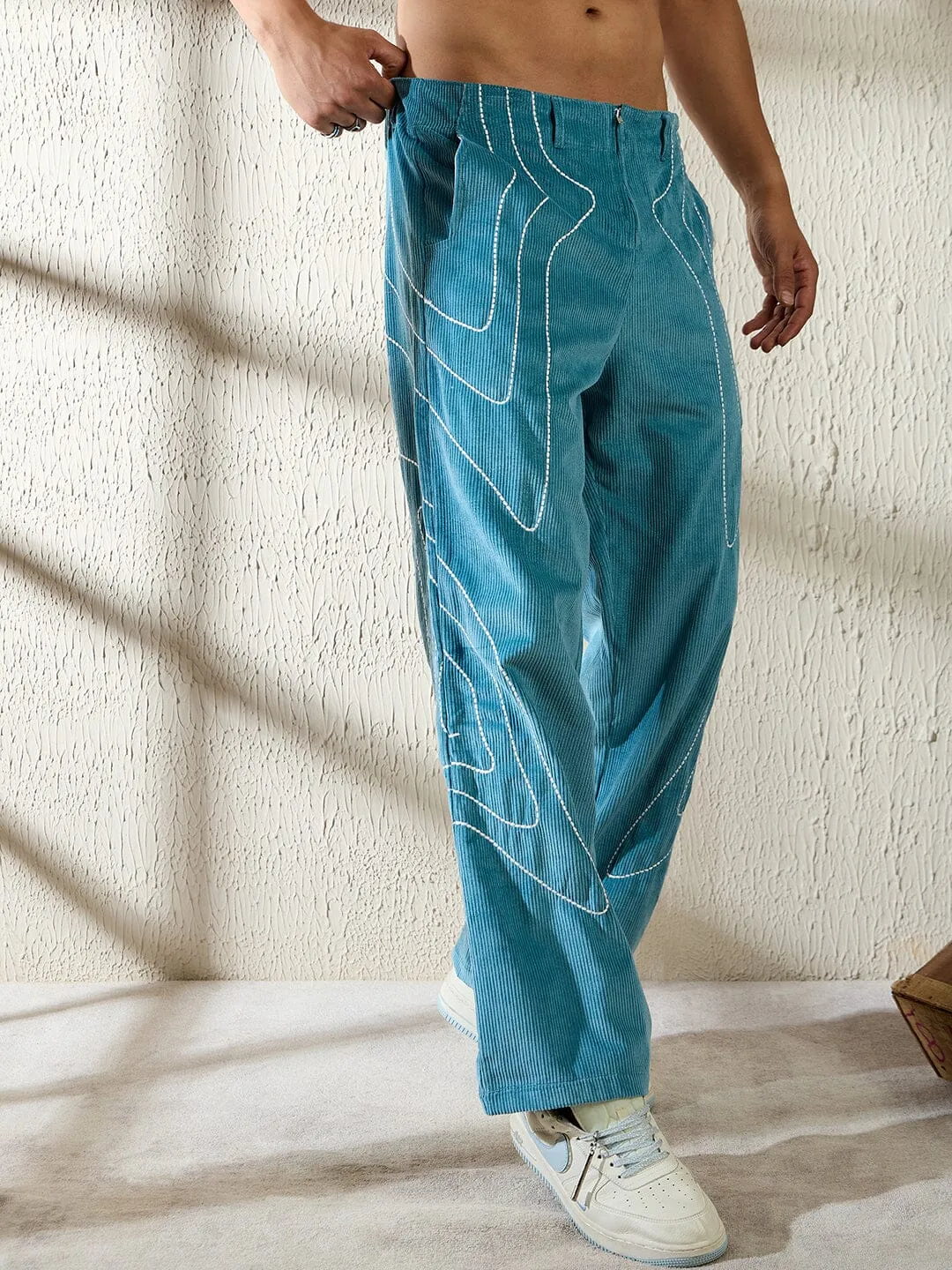 Teal Wavy Embroidery Baggy Corduroy Trousers