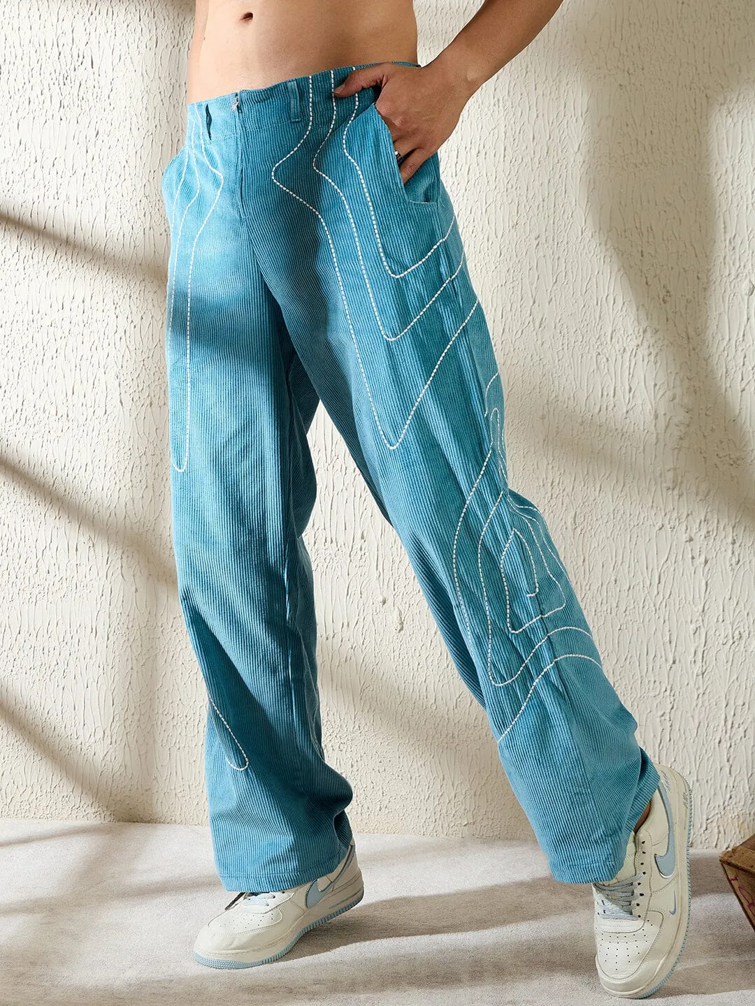 Teal Wavy Embroidery Baggy Corduroy Trousers