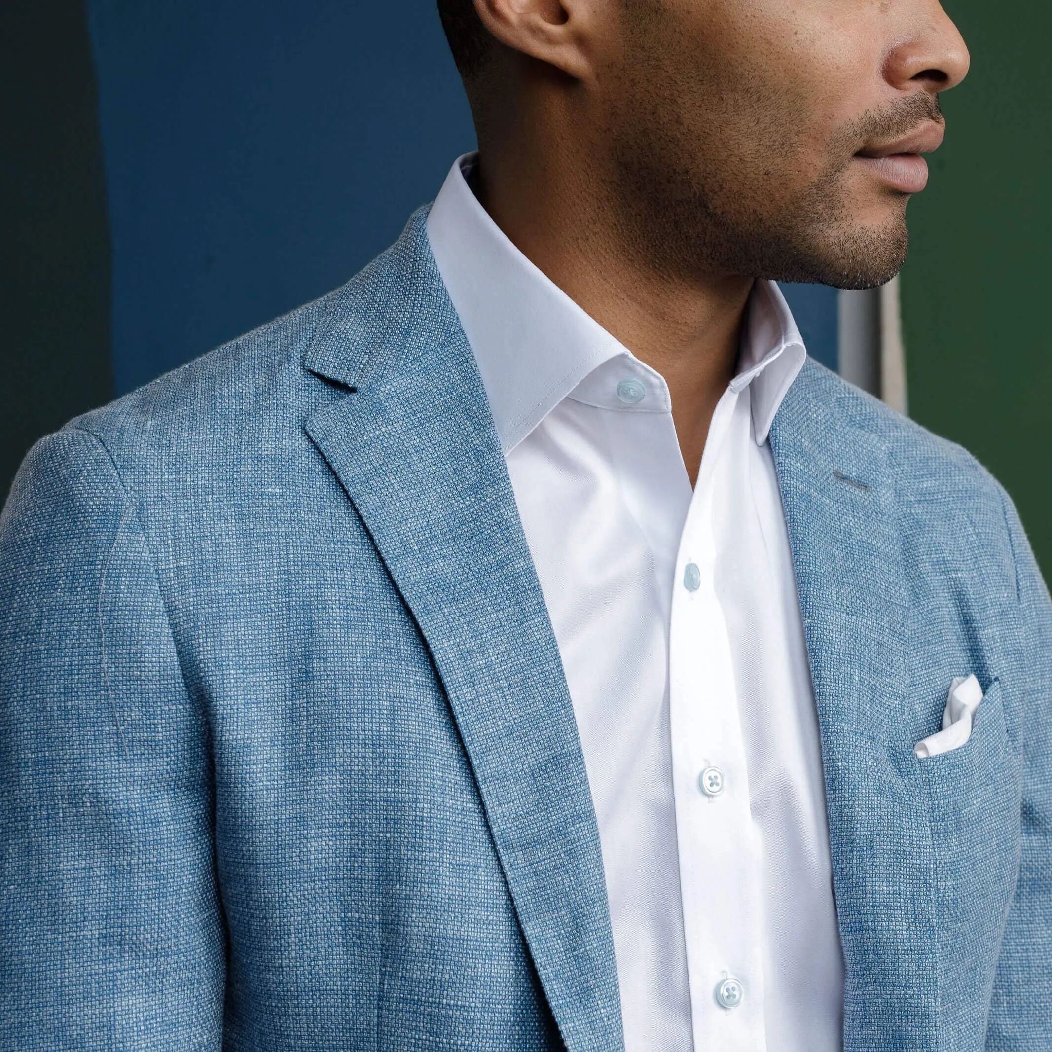 The White Madison Fine Twill with Light Blue Buttons Custom Shirt