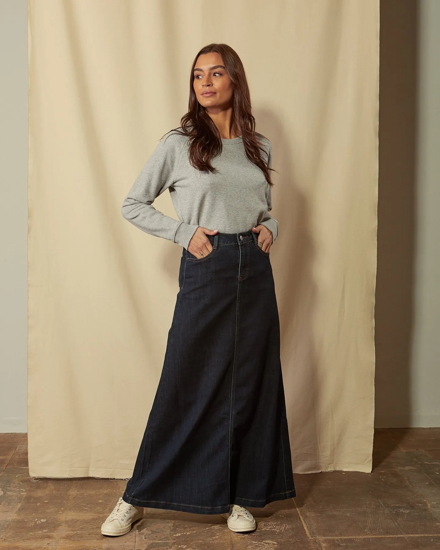 Womens Long Denim Skirt - Indigo