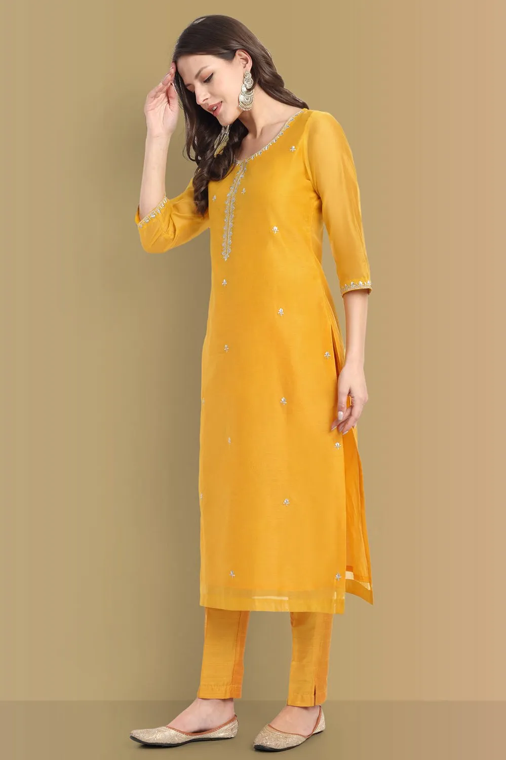 Yellow Haldi Chanderi Kurta and pant Set of 2